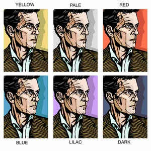 May include: A digital illustration of a man's face in six different color backgrounds. The man has a bandage on his forehead and is looking to the right. The colors are yellow, pale, red, blue, lilac, and dark.