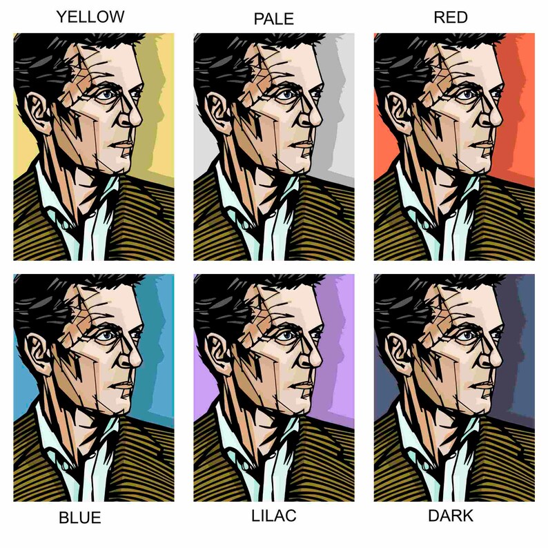 May include: A digital illustration of a man's face in six different color backgrounds. The man has a bandage on his forehead and is looking to the right. The colors are yellow, pale, red, blue, lilac, and dark.