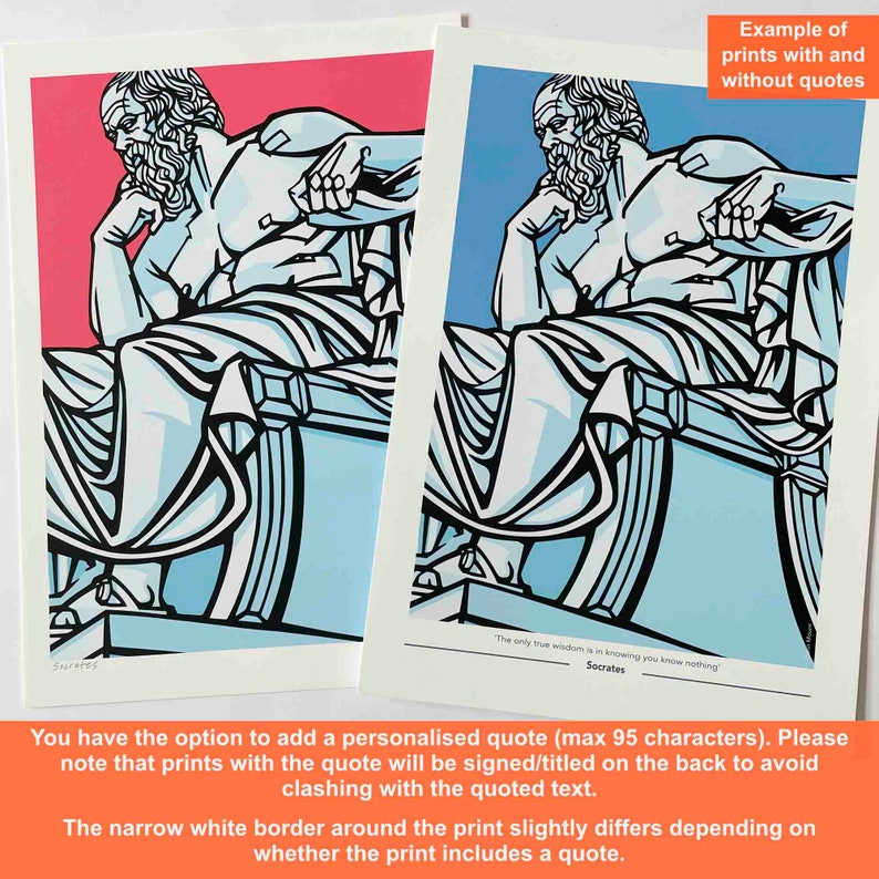 Puede incluir: Dos ejemplos de impresiones de arte que presentan un dibujo lineal de una figura sentada de S&oacute;crates. La impresi&oacute;n de la izquierda tiene un fondo rosa y la impresi&oacute;n de la derecha tiene un fondo azul claro. El texto en la impresi&oacute;n de la derecha dice: "La &uacute;nica sabidur&iacute;a verdadera es saber que no sabes nada." - S&oacute;crates.