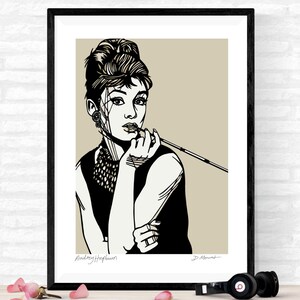 May include: Black and white illustration of Audrey Hepburn with a cigarette holder, against a beige background. The text "Audrey Hepburn" and "D. Mount" are at the bottom of the image.