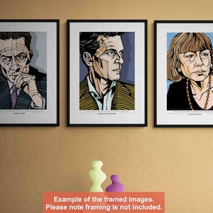 May include: Three framed black and white illustrations of famous people. The illustrations are in a graphic style with bold lines and colors. The people pictured are Albert Camus, Ludwig Wittgenstein, and Joan Didion. The text below each illustration includes the person's name and a quote.