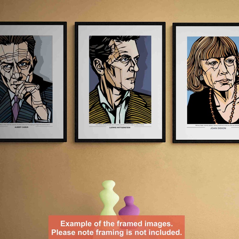 May include: Three framed black and white illustrations of famous people. The illustrations are in a graphic style with bold lines and colors. The people pictured are Albert Camus, Ludwig Wittgenstein, and Joan Didion. The text below each illustration includes the person's name and a quote.