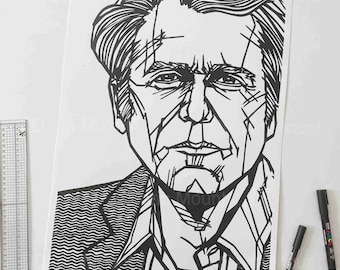 Dibujo a tinta original de DON DELILLO, Obra de arte a gran escala, Regalo de autor, Escritores estadounidenses, Se adapta al tamaño de marco estándar, Regalo para amantes de los libros