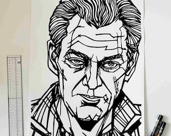 Dibujo en tinta original de PAUL AUSTER, Obra de arte a gran escala, Regalo de autor, Escritores estadounidenses, Se adapta al tamaño de marco estándar, Regalo para amantes de los libros