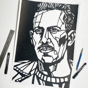 JOHN STEINBECK originele inkttekening, grootschalige kunstwerken, pen en inkt origineel, zwart-wit artwork, A2-formaat, Grapes of Wrath