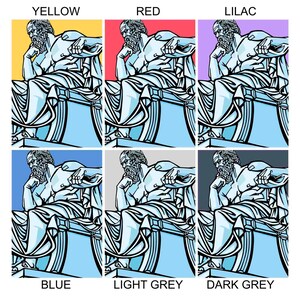 Puede incluir: Una ilustraci&oacute;n digital de una estatua de un hombre sentado en un trono. La estatua se muestra en seis variaciones de color diferentes: amarillo, rojo, lila, azul, gris claro y gris oscuro.