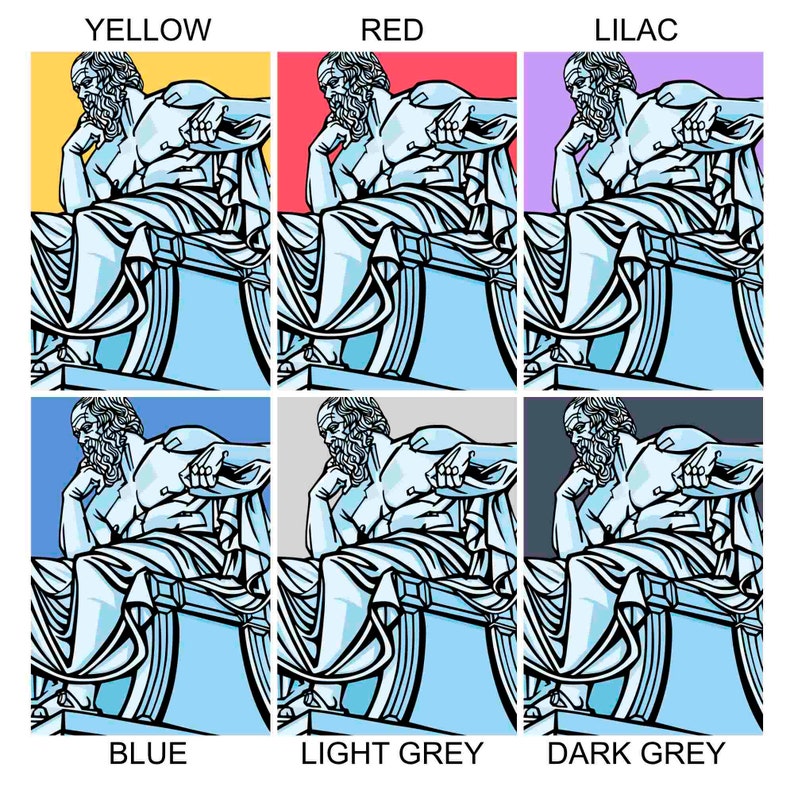 Puede incluir: Una ilustraci&oacute;n digital de una estatua de un hombre sentado en un trono. La estatua se muestra en seis variaciones de color diferentes: amarillo, rojo, lila, azul, gris claro y gris oscuro.