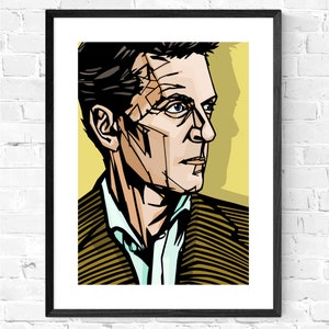May include: A stylized illustration of a man with short, dark hair. He is wearing a brown and yellow striped jacket over a light blue shirt. The background is a yellow color.