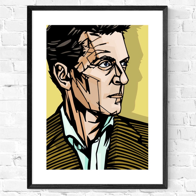 May include: A stylized illustration of a man with short, dark hair. He is wearing a brown and yellow striped jacket over a light blue shirt. The background is a yellow color.