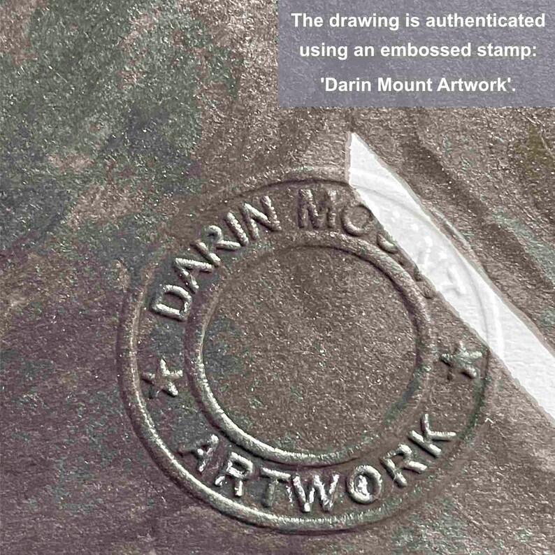 May include: Close-up of a circular, embossed stamp with the text "☆ DARIN MOUNT ARTWORK" in a silver color.