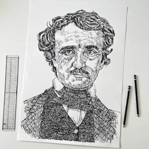Original Bleistiftzeichnung von EDGAR ALLAN POE, Passt in Standardrahmen, Literatur Wandkunst, Geschenk für Buchliebhaber, Gothic Fiction, Romantik