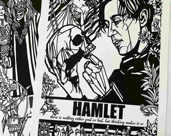 Impresión HAMLET, obra de arte de línea negra, impresiones artísticas de calidad de archivo de William Shakespeare, tragedia shakesperiana, firmada por el artista