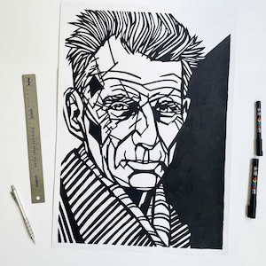 SAMUEL BECKETT dessin original à l’encre, œuvre d’art en noir et blanc à grande échelle, En attendant Godot, Endgame, Art mural de la littérature irlandaise,