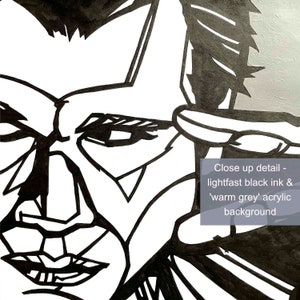 May include: Close-up detail of a black and white illustration of a face. The illustration is done in lightfast black ink and warm grey acrylic paint.