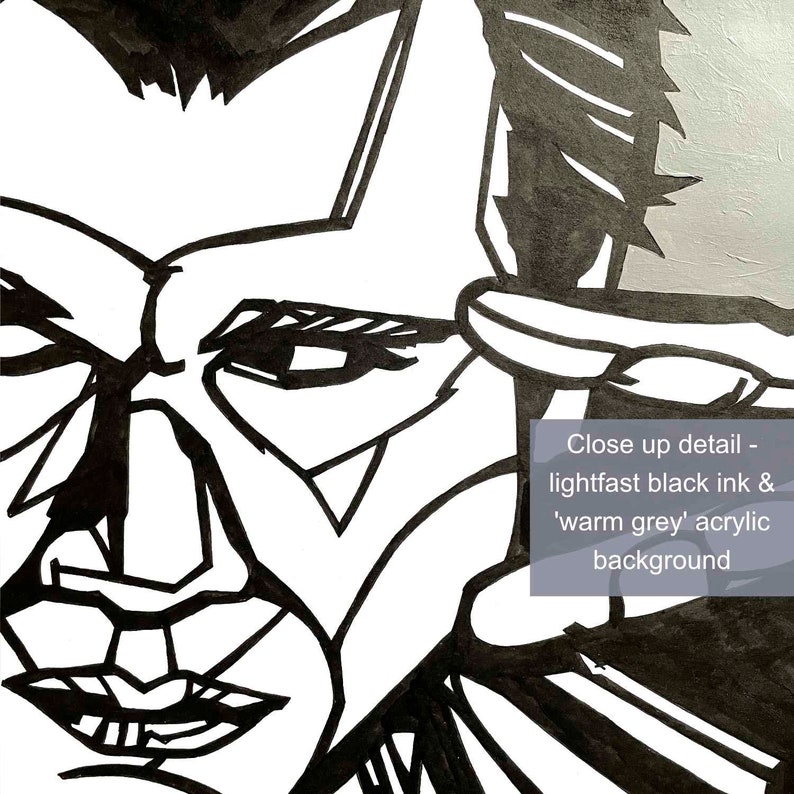 May include: Close-up detail of a black and white illustration of a face. The illustration is done in lightfast black ink and warm grey acrylic paint.
