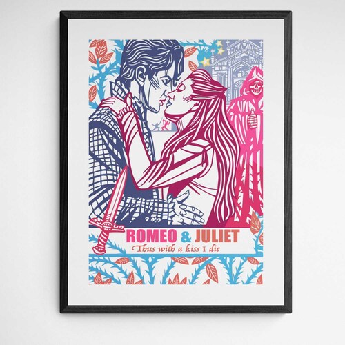 ROMEO AND JULIET colour print, William Shakespeare archival quality art prints, English literature gift, Two Young Lovers, Bookworm gift,