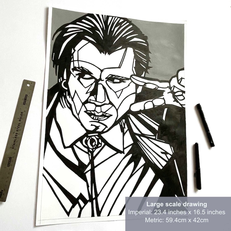 May include: Black and white line art drawing of a man's face. The man is looking directly at the viewer and has a serious expression. The drawing is done in a bold, graphic style. The drawing is 23.4 inches by 16.5 inches.