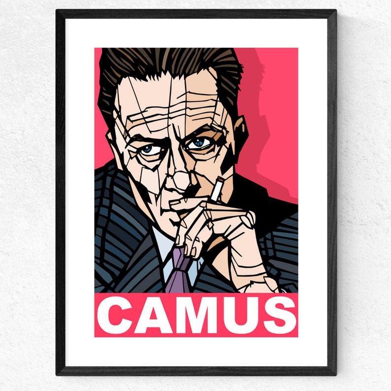 Albert Camus Art Print Typography Print Famous Writers and Philosophers Literature print, Philosophy graduate gift, Available 3 sizes Red Background