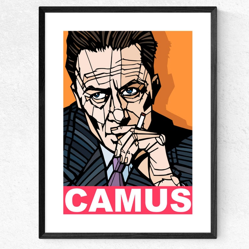 Albert Camus Art Print Typography Print Famous Writers and Philosophers Literature print, Philosophy graduate gift, Available 3 sizes Orange Background