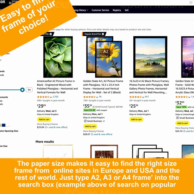 May include: A website screenshot showing a variety of picture frames for sale. The frames are available in different sizes and styles, including black, gold, and silver. The website also includes a search bar for finding specific frames.