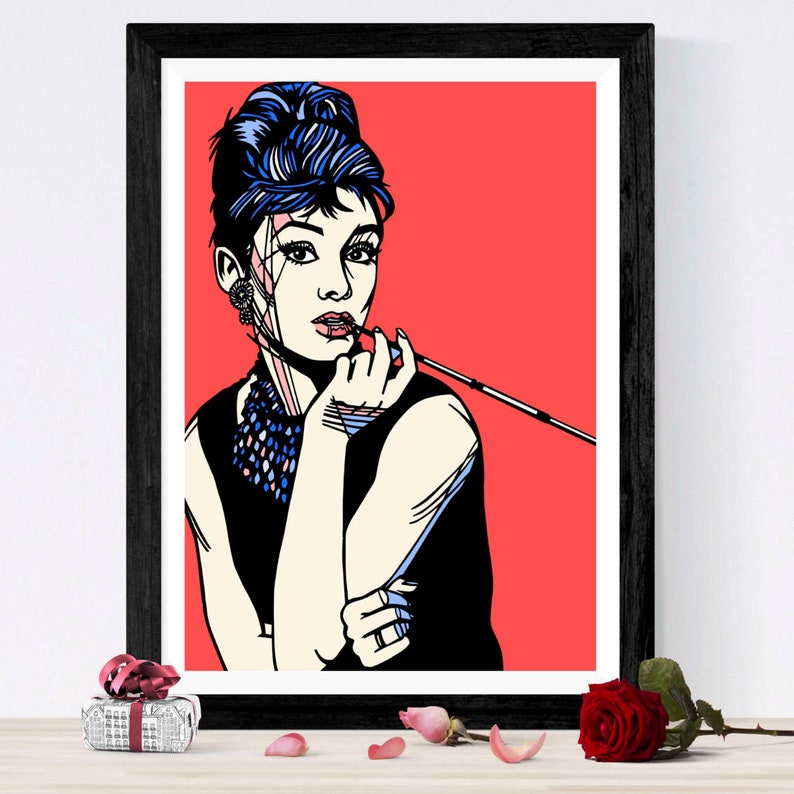 May include: A black and white illustration of a woman with blue hair, wearing a black dress and a pearl necklace. She is holding a cigarette in her mouth and looking to the side. The background is a bright red color.