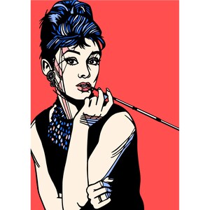 May include: A woman with blue hair and a black dress is holding a cigarette holder. She is wearing a pearl necklace and has a red background.