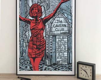Cilla Black at The Cavern Club print, Liverpool, 1960s music, Liverpool city prints, The Cavern Pop art print, Available in 3 sizes