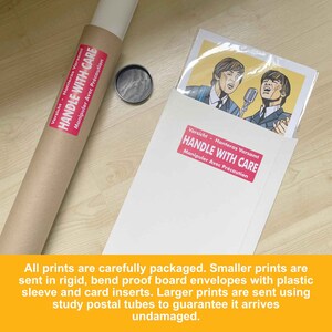 May include: A white envelope with a red and white label that says "Vorsicht Hanteras Varsamt HANDLE WITH CARE Manipuler Avec Pr&eacute;caution". The envelope is being used to ship a print.