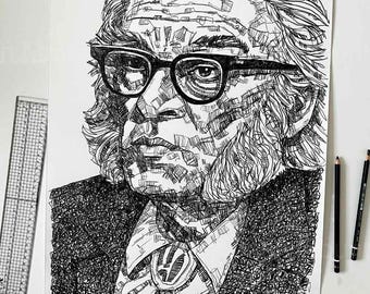 Dibujo a lápiz original de ISAAC ASIMOV, cabe en un marco estándar, arte mural literario, regalo para amantes de los libros, literatura del siglo XX