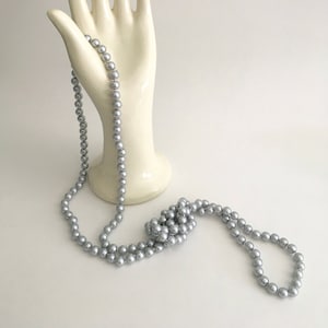 Hand Knotted Lariat Length Grey Glass Bead Necklace