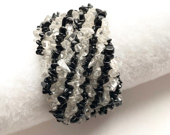 Clear and Black Crystal Glass Bead Stretch Cuff Bracelet