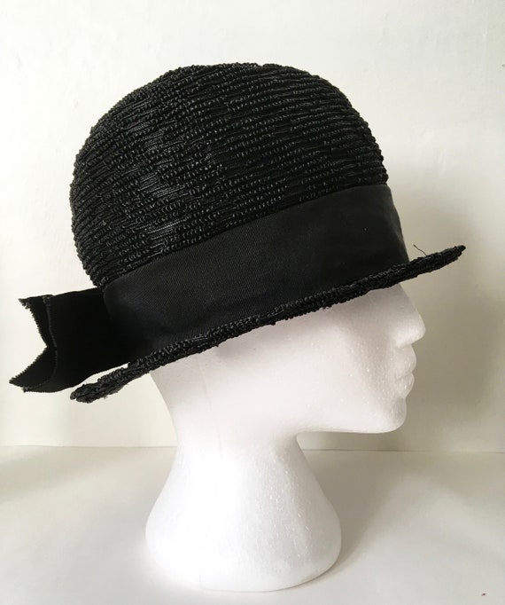 Vintage Black Straw Cloche A Lady Charm Original - image 2