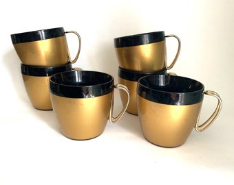 Vintage Set of Six West Bend Gold and Black Thermo Cups