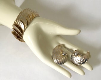 Mid Century Modernist Metal Bracelet and Clip On Earrings