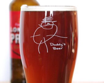 Personalised pint glass, with child's drawing or writing engraved. Unique Christmas gift. Grandad gift. Dad gift from kids. Beer lover.