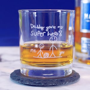 Whisky tumbler mixer glass with your child's drawing art or writing laser engraved. Unique personalised birthday Christmas gift Dad Grandad