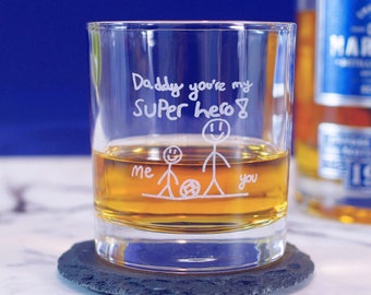 Whisky tumbler mixer glass with your child's drawing art or writing laser engraved. Unique personalised birthday Christmas gift Dad Grandad