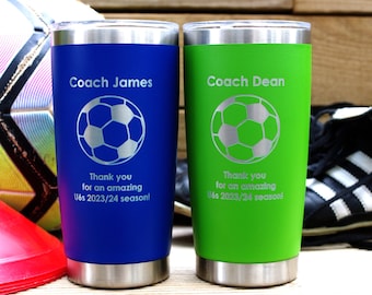 Football coach gift, end of season leaving or thank you. Engraved travel mug fully personalised with ball or logo and custom message. Coffee