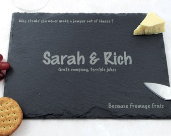 Cheesy jokes on personalised slate cheese board.  Unique gift for pun loving Dad at Christmas, wedding, housewarming, birthday, anniversary