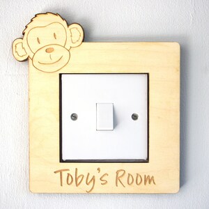 Wooden personalised light switch surround with animals for child's bedroom handmade Lion Monkey, Koala, Zebra kids name sign image 5