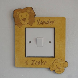 Wooden personalised light switch surround with animals for child's bedroom handmade Lion Monkey, Koala, Zebra kids name sign image 3