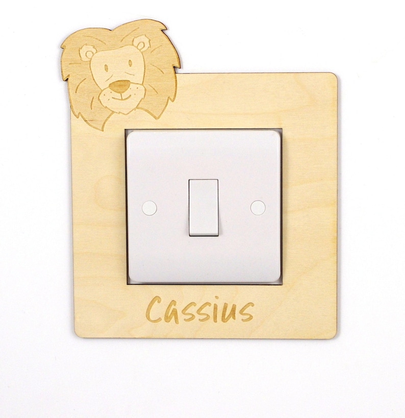 Wooden personalised light switch surround with animals for child's bedroom handmade Lion Monkey, Koala, Zebra kids name sign image 2