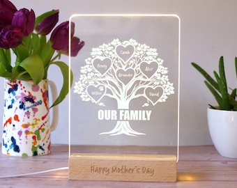 Personalised LED Family Tree Lamp. Unique Mothers Day gift. Illuminated Home Art. Birthday gift for Mum. Present for Mum with family names.