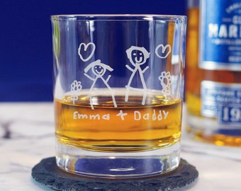 Whisky tumbler with your child's drawing, art or writing laser engraved. Personalised birthday gift for Dad. Unique Christmas present