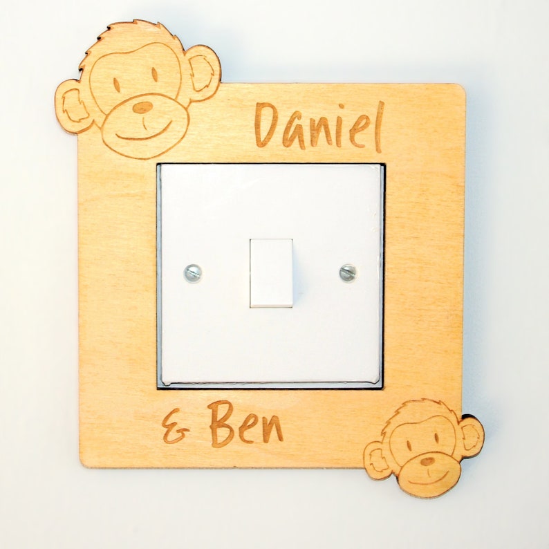 Wooden personalised light switch surround with animals for child's bedroom handmade Lion Monkey, Koala, Zebra kids name sign image 7
