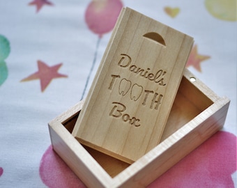 Personalised baby teeth keepsake box for boys or girls. Maple with custom sliding lid. Tooth fairy then keep all lost teeth safe & together