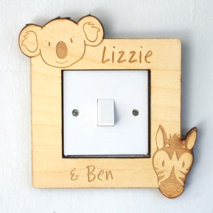 Wooden personalised light switch surround with animals for child's bedroom handmade Lion Monkey, Koala, Zebra kids name sign image 4
