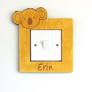 Wooden personalised light switch surround with animals for child's bedroom handmade Lion Monkey, Koala, Zebra kids name sign image 6