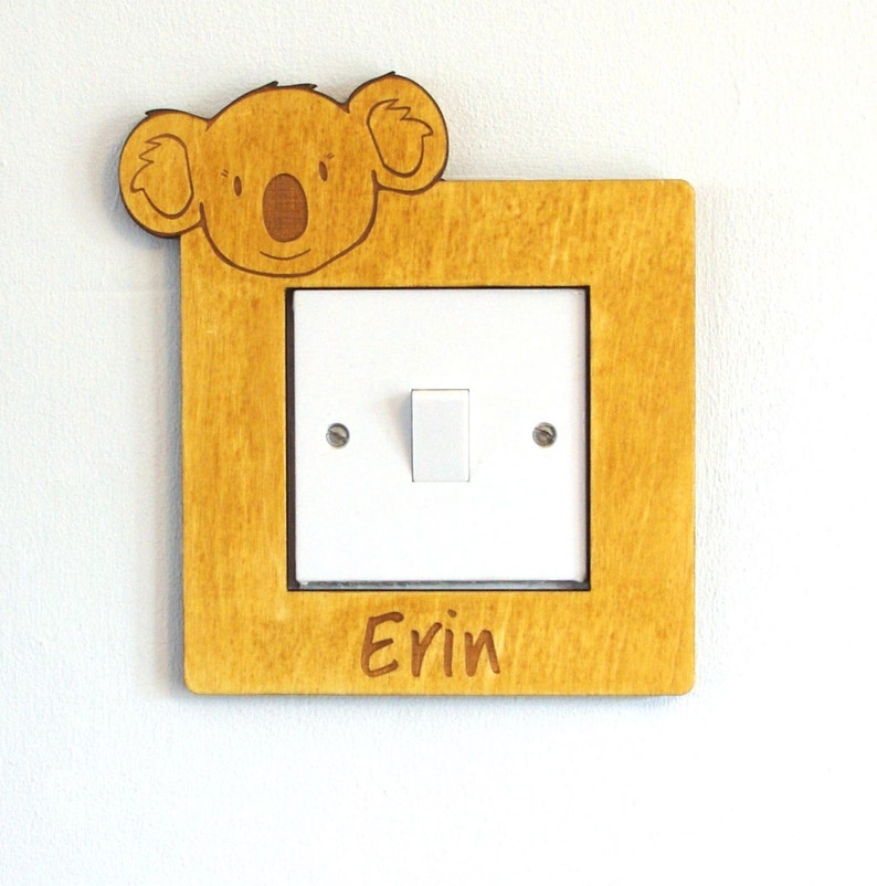 Wooden personalised light switch surround with animals for child's bedroom handmade Lion Monkey, Koala, Zebra kids name sign image 6