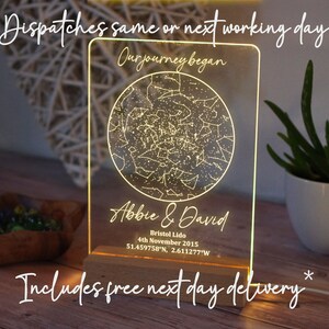 May include: An illuminated acrylic night light with a wooden base. It displays a star map, the text "Our journey began", names "Abbie & David", and a location and date. The text "Dispatches same or next working day" is also included.